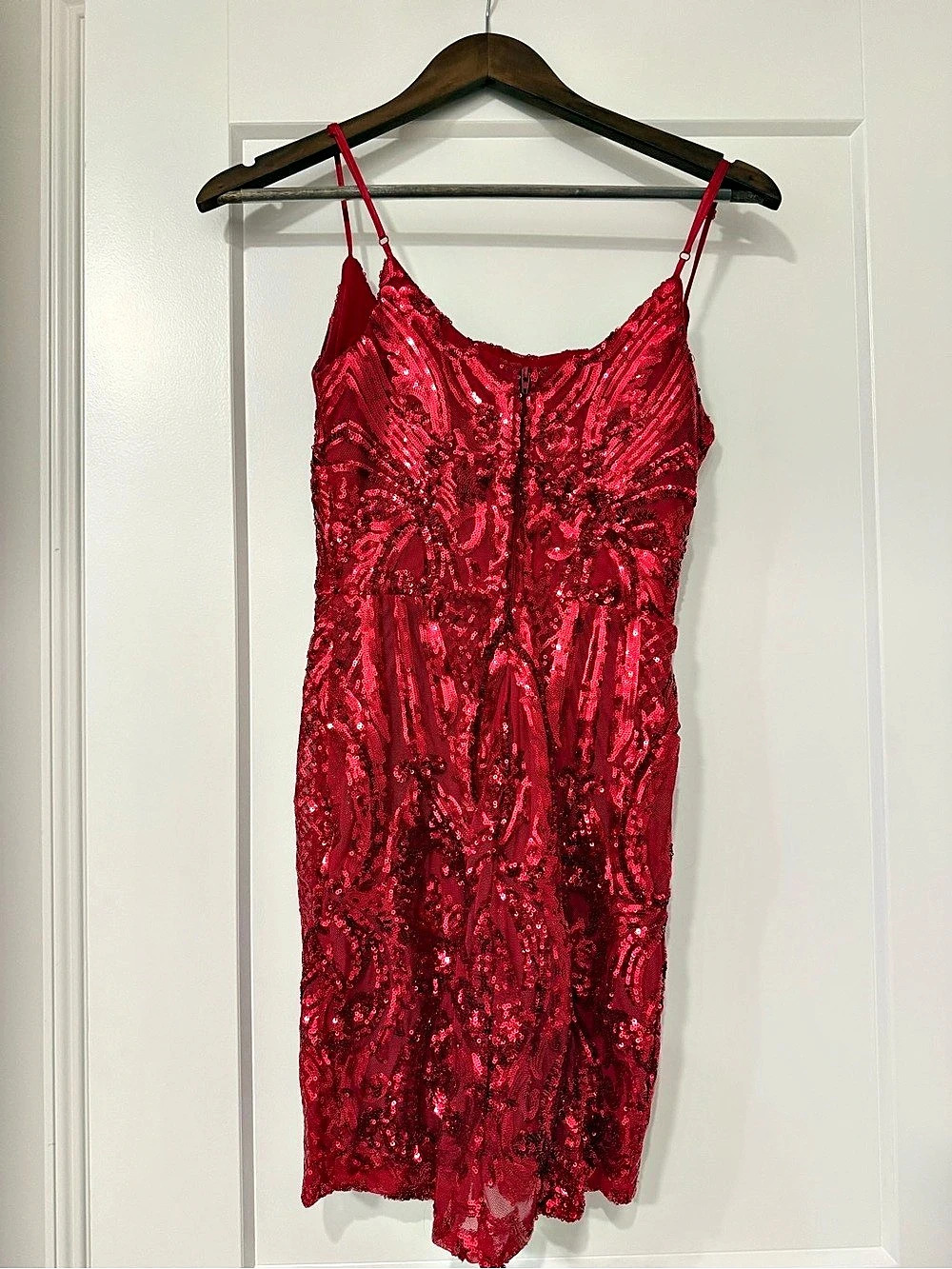 B. Darlin Red Sequin Spaghetti Strap Mini Dress Red 3/4 Like New.
